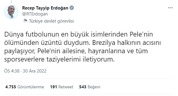 Cumhurbaşkanı Erdoğan’dan Brezilyalı futbolcu Pele için taziye mesajı
