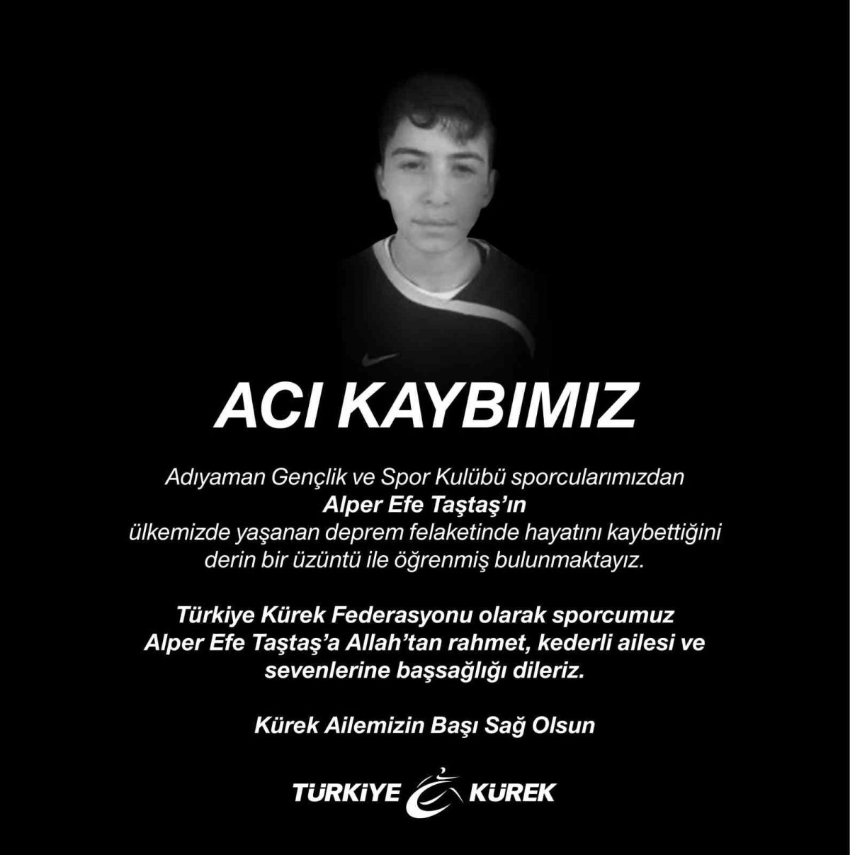 Türkiye Kürek Federasyonu, Alper Efe Taştaş’ın hayatını kaybettiğini duyurdu
