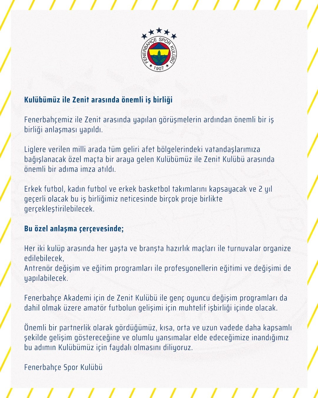 Fenerbahçe, Zenit ile 2 yıllık iş birliği anlaşması yaptı
