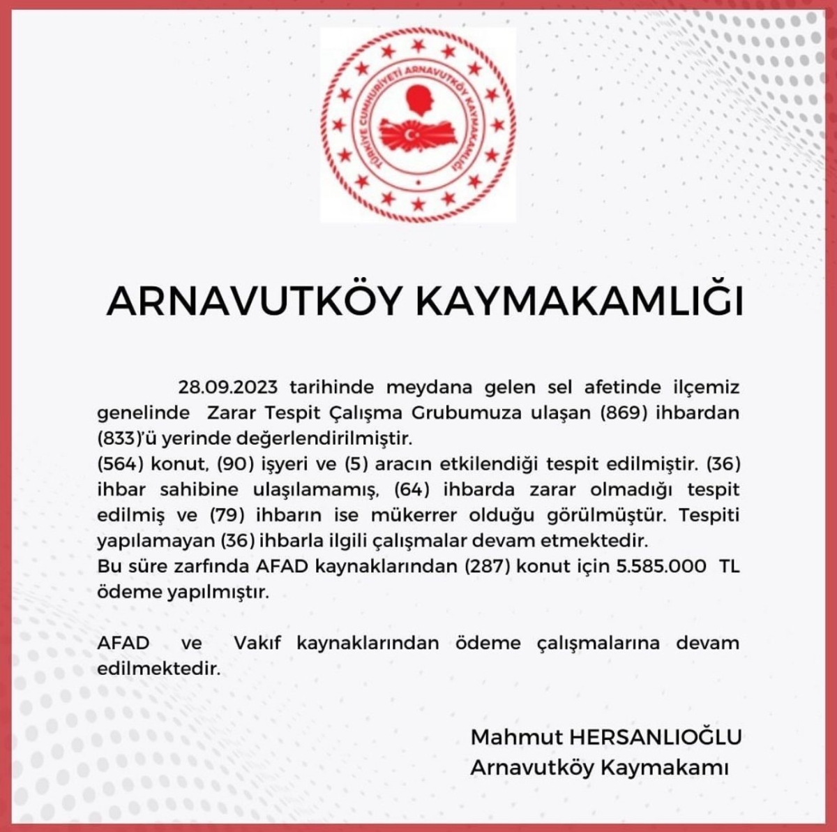 Arnavutköy Kaymakamlığı 28 Eylül’de yaşanan selle ilgili bilançoyu açıkladı
