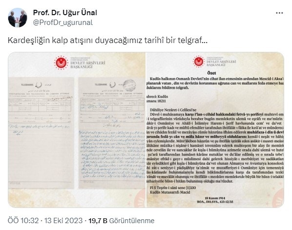 Filistinlilerin 1. Dünya Savaşı’na Osmanlı’ya gönderdiği ‘destek’ telgrafı ortaya çıktı
